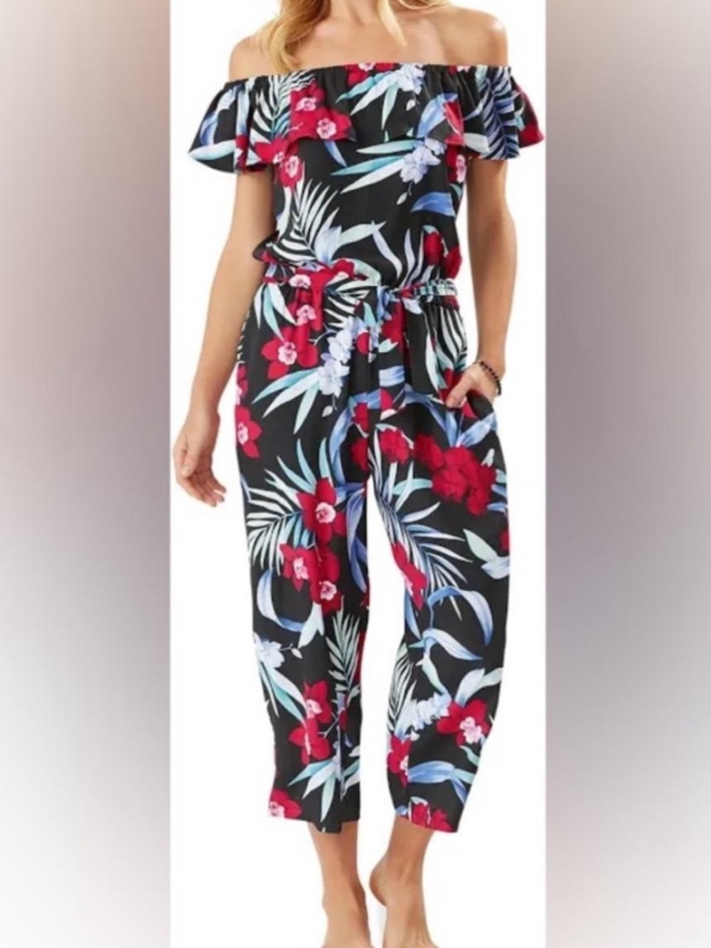 Tommy Bahama Black Off-Shoulder Floral Jumpsuit with Red & Blue Flowers